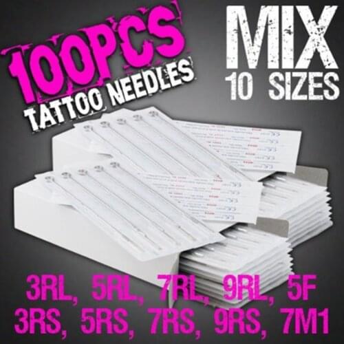 2016 NEW 100pcs Disposable Tattoo Needles Mix Needles 10 Sizes 3RL 5RL 7RL 9RL 3RS 5RS 7RS 9RS 5F 7M1 Free Shipping