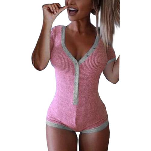 Slim Women Rompers 2019 New Sexy Bodysuit Lady V Neck Long Sleeve Bodycon Jumpsuit Button Short Femme Body Cotton Romper M0598