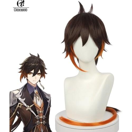 ROLECOS Genshin Impact Zhongli Cosplay Wig 90cm Game Genshin Brown Orange Wig Cosplay Headwear Heat Resistant Synthetic Hair