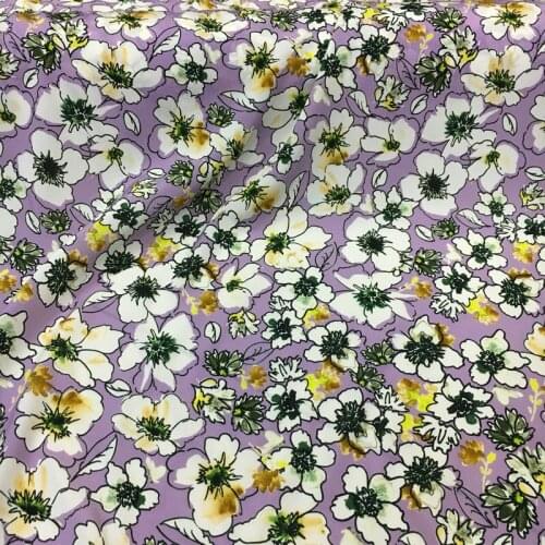 Hand-painted small floral print purple bottom elastic crepe de chine digital printing natural mulberry silk high fashion fabric