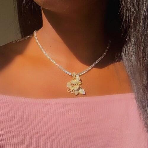 Silver color tennis Chain Cubic Charm Tennis Chain choker Necklace with 3pcs Butterfly Pendant Women Hip Hop Jewelry for wedding