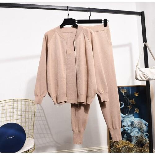 Spring New Black Tracksuit Women Outfits Knitted Cardigan Fashion Chain Sling Vest + Casual Pants 3 Piece Set Ladies Tops H1632