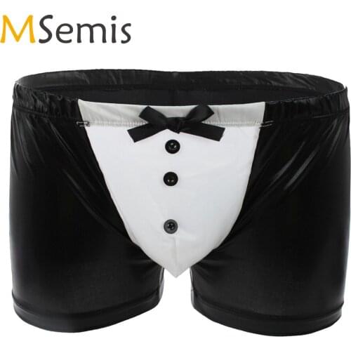 Men Erotic French Maid Lingerie Shiny Wetlook Patent Leather Boxer Briefs Underwear Sissy Button Bowknot Cosplay Servant Panties