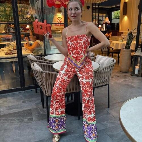 JUN WU Summer Womens Za Red Geometric Printing Elastic Waist Trousers Silk Satin Texture Purple Printing Trim Design Trousers