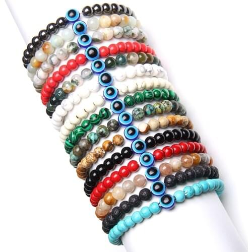 Natural Black Obsidian Round Beads Couple Bracelets Fashion Blue Evil Eyes Stretch Bracelet For Woman & Man High Quality Jewelry