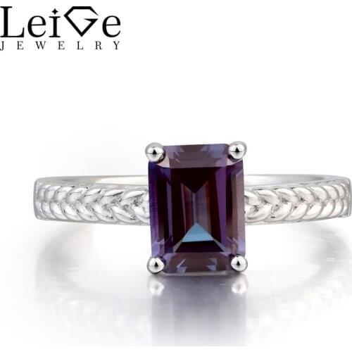 Leige Jewelry Alexandrite Ring Engagement Ring Emerald Cut Gemstone June Birthstone Solid 925 Sterling Silver Ring for Women