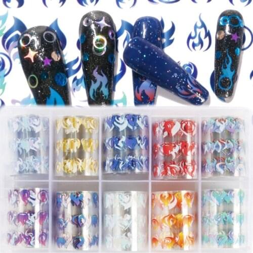 10PCs/Holographic Nail Foil Transfer Sticker,1 0Rolls/Box 1Roll 39.4Inch /100cm x4cm Fire Flame for Sticker Nail transfer Foil