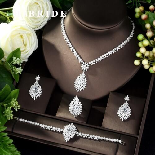 HIBRIDE New AAA Cubic Zircon 4Pcs Necklace Set Fashion Necklace Bracelet Earring Adjustable Ring Charm Wedding Jewelry Set N-967