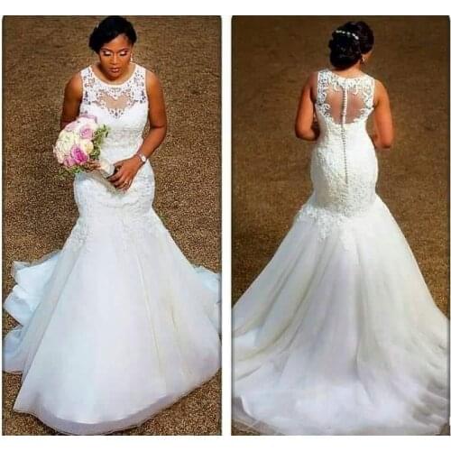 Lace Mermaid Wedding Dresses jewel Neckline country Wedding Gown south African sheer backless plus size wedding Bridal Gown