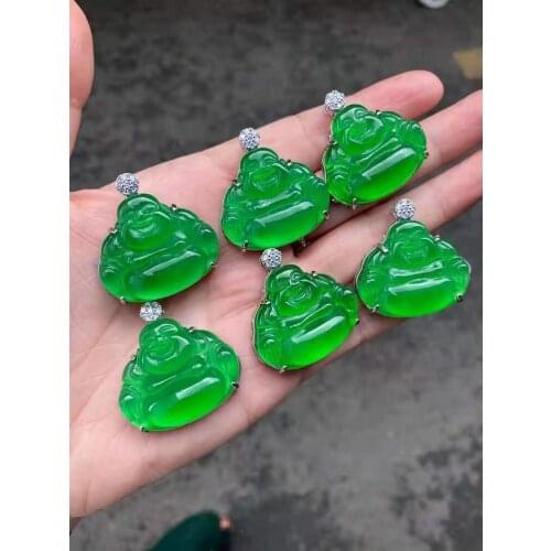 Natural green jade A HandCarved Buddha jadeite jade green jade pendant with 925 sterling silver jade necklace pendants jewelry