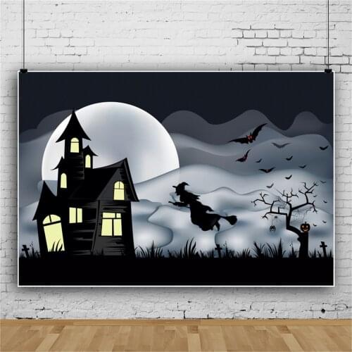 Laeacco Baby Cartoon Dark Halloween Festivals Witch Castle Moon Bat Party Decor Poster Portrait Photo Background Photo Backdrops