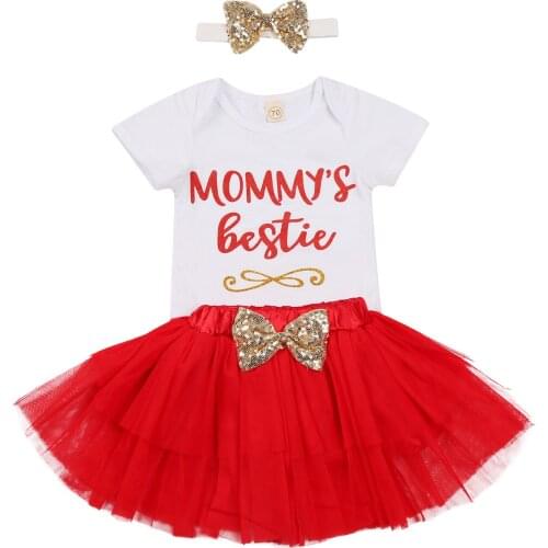 Summer 0-24M Toddler Baby Girl 3Pcs Set MOMMYS BESTIE Letter Print Short Sleeve Bodysuit+Red Mesh Skirt+Headband 2021 New