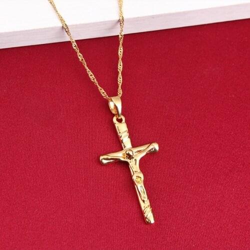 Jesus Cross Pendant Necklace Catholic Fashion Religious Charm Pendant Gold Color Men Jewelry