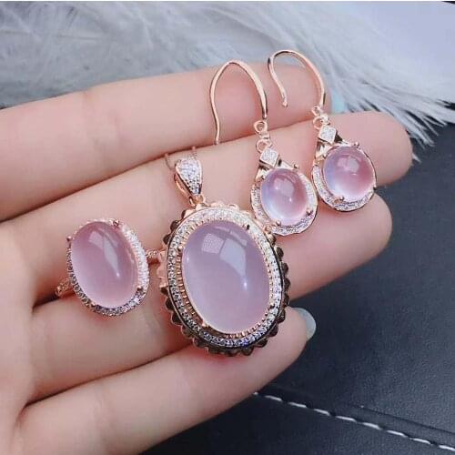 Real Natural Rose Quartz jewelry set Natural Real Rose Quartz 925 sterling silver 1pc pendant,1pc ring,2pcs Earring