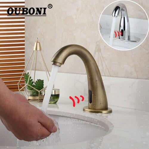OUBONI Antique Brass Bathroom Sensor Faucet Chrome Automatic Touch Free Water Saving Inductive Electric Power Mixer Tap Faucet