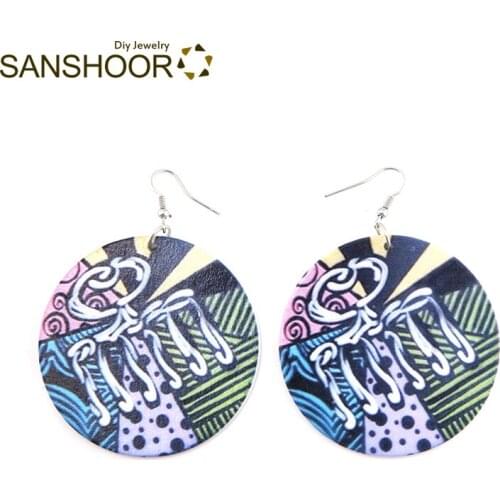 SANSHOOR 6cm Round Afro Wooden Earrings With African Ethnic Comb Bohemia Drop Jewelry Christmas Deal For Women Gifts 1Pair