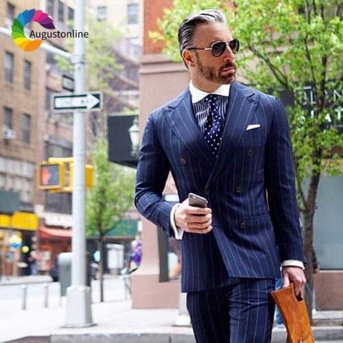 Navy Blue Stripes Men Suit for Business Classic Wide Peaked Lapel Double Breasted Groom Tuxedo Slim Fit Man Blazer Jacket 3Piece