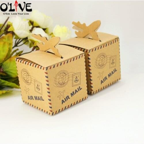50 Pcs Vintage Kraft Paper Plane Gift Box Candy Wedding Favors Party Package Birthday Cardboard Boxes Chocolate Dragees Air Mail