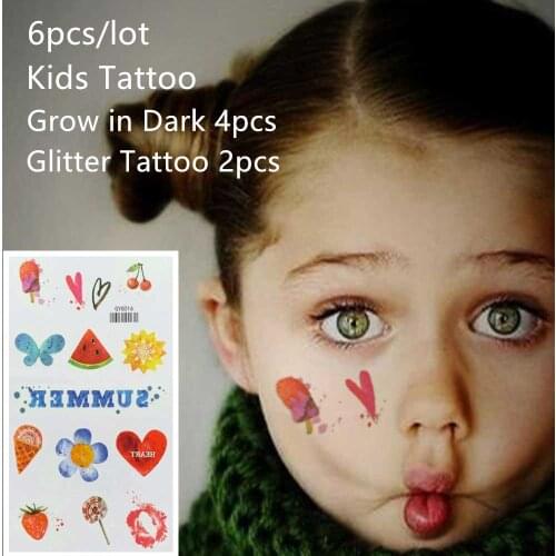 Temporary Children And Kids Tattoo Sticker With Grow In Dark And Glitter Funsion, The Best Discount Selling For 6 Pieces