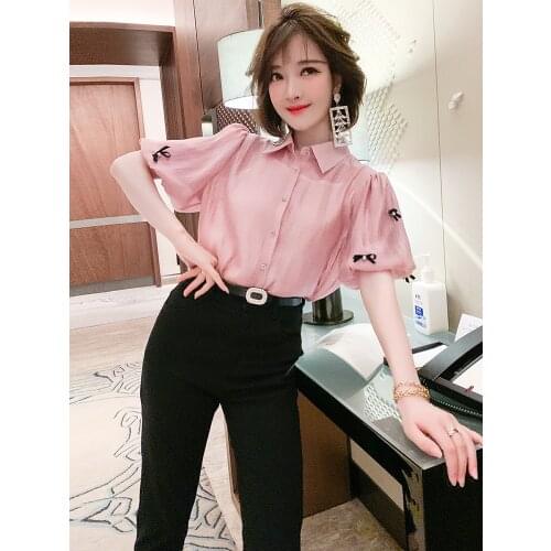 Top Quality Lapel lantern sleeve pin bead bow short sleeve shirt womens summer new
