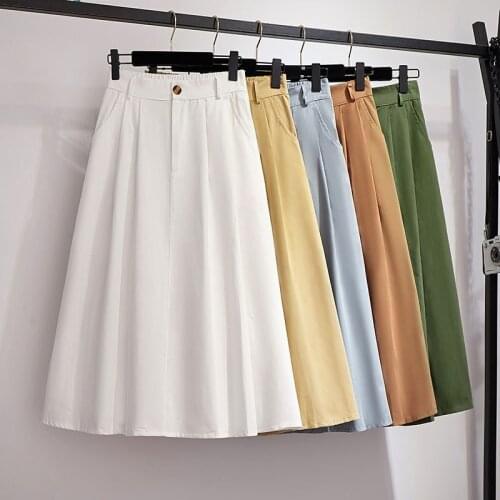 High Waist Skirt with Pockets Women 2021 Summer Preppy Style Solid Casual Elegant Fashion A-Line Midi Office Skirts Faldas