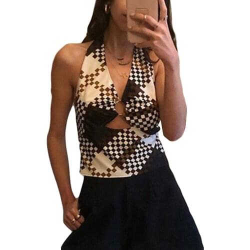 Women Halter Crop Tank Sexy Sleeveless Backless Vest Checkerboard Print Cutout Ring Front Camisoles Girls Summmer Casual Tops