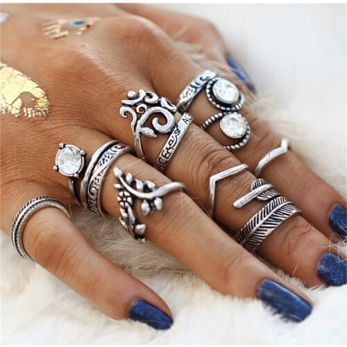 IF ME Vintage Flower Owl Elephant Leaf Ring for Women Bohemian Boho Retro Crystal Silver Color Finger Knuckle Rings Set Jewelry