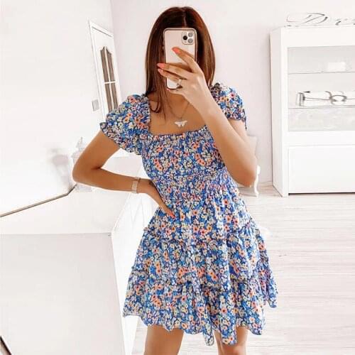 WYBLZ Summer Sexy Leakage Shoulder Wrapped Chest Dress Refreshing Small Broken Flower Puff Sleeve Short Dress for Women 2021