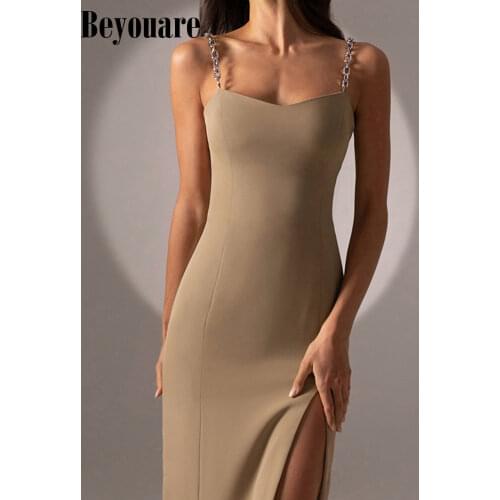 Beyouare Elegant Womens Dresses Chain Strapless Sleeveless Solid Basic Split Knee-Length Bodycon 2021 Summer Sexy Young Style