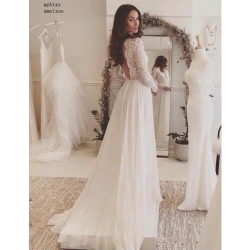 Long Sleeves Cheap Wedding Dress 2020 White/ivory Lace Top A-line Sexy Romantic Sexy Deep V Neck Bridal Gown Vestidos De Noiva