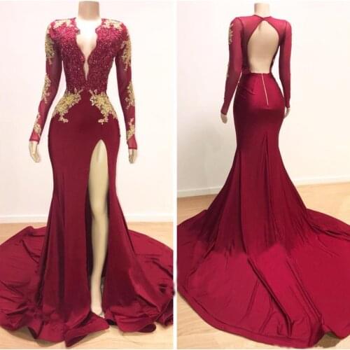 2021Custom Thigh-High Slits Mermaid Plus Size Applique Woman Lady Prom Party Gown Birthday Christmas Evening Dresses Long Sleeve