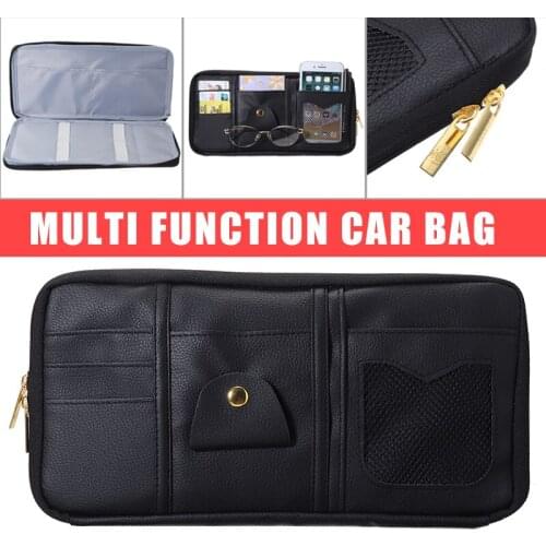 1pc Black PU Leather Car Auto Sun Visor Organizer Pouch Bag Pocket Organizer Storage Pouch Glasses Bill Pen Card Holder Moulding