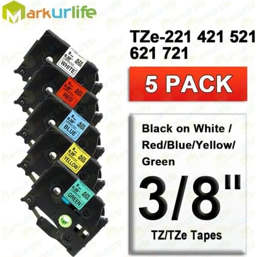 5pcs 9mm TZe Tape TZe-221 TZe-421 Tze-521 TZe-621 TZe-721, Compatible for Brother P-Touch PT-D210 PT-D400 PT-D1800 Label Makers