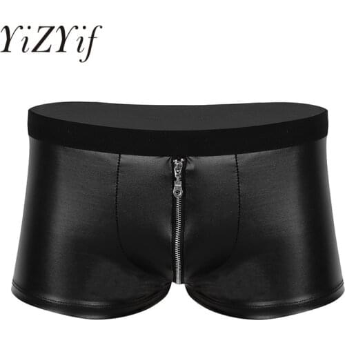 Boxer Men Underwear Sexy Lingerie Wet Look Faux Leather Zipper Bulge Pouch Low Rise Boxer Shorts Underwear Boxers Underpants