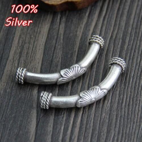 Thailand 925 Sterling Silver Color DIY Bracelets Tube Hollow Bend Elbow Pipe Beads Carving Flower Totem Accessories