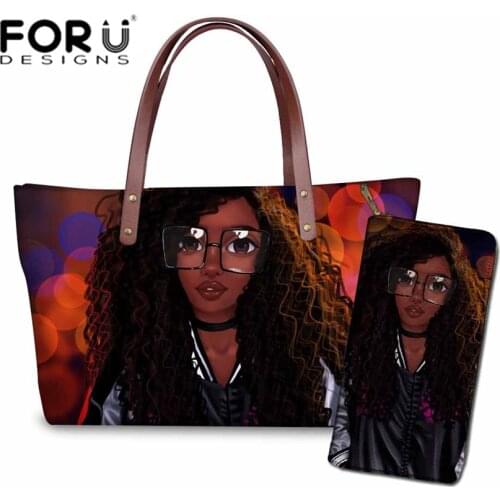 FORUDESIGNS Women Bag for Black Art African Girls Printing Travel Beach Bags Ladies 2pcs/set Handbags&Wallet Females Tote Bag