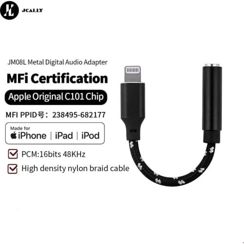 JCALLY JM08L 12 cores suitable for C101 Lightning MFi silver-plated headset adapter 3.5mm cable upgrade C100 for iphone