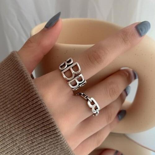 925 Sterling Silver Ins Retro B Letter Index Finger Opening Rings For Women Couple Light luxury Fine Jewelry Birthday Party Gift