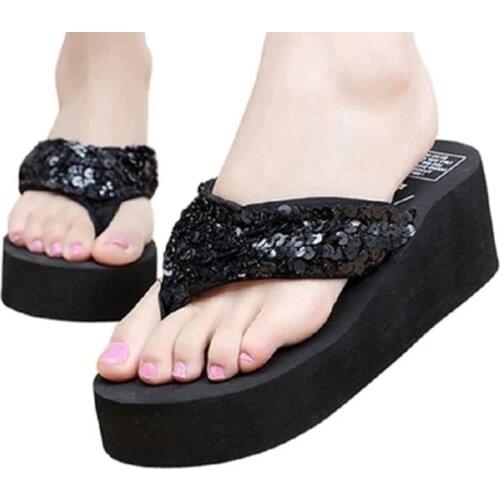Summer Korean womens non-slip slippers high-heeled platform slippers comfortable beach shoes increase size