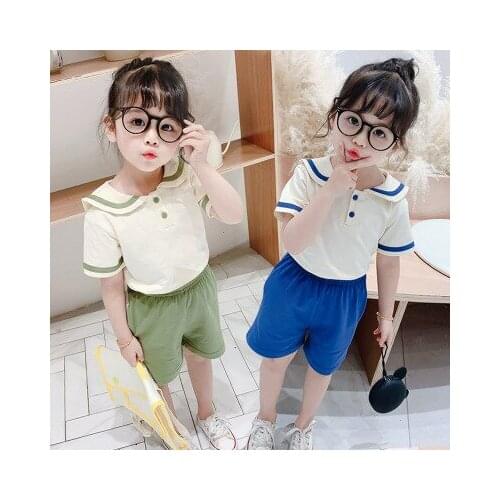 New 2-7 year cotton navy summer childrens short-sleeve girl fashion middle and small children girl casual two-piece suit