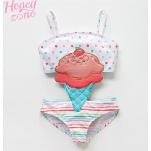 Honeyzone Summer Baby Girl Cartoon Ice Cream Embroidery Swimwear One Piece Patchwork Kids Girls Beach Wear Swimsuit Baby Bathing
