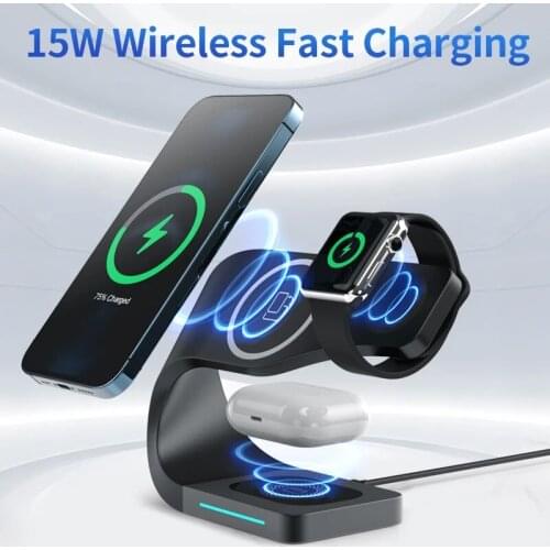 GTWIN 4 In 1 Magnetic Wireless Charger Stand 15W QI Fast Charging Dock Station For Iphone 12 Pro X Max Apple Watch Airpods Pro