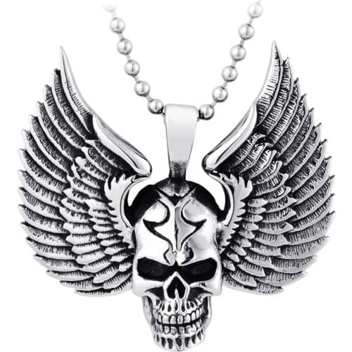 Stainless Steel punk Skull biker Pendant Necklace For Man cool wing Jewelry good detail choker jewelry
