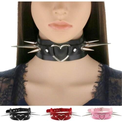 2021 New Metal Heart Rivet Necklace Leather Goth Punk Rock Choker Necklaces For Women Men Hiphop Cosplay Festival Jewelry