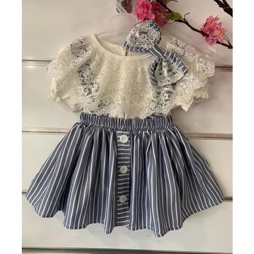 1-6Y Infant Baby Girls Sweet Clothes Sets Lace Floral Ruffles Short Sleeve T Shirts Tops Striped Bib Strap Dress Headband