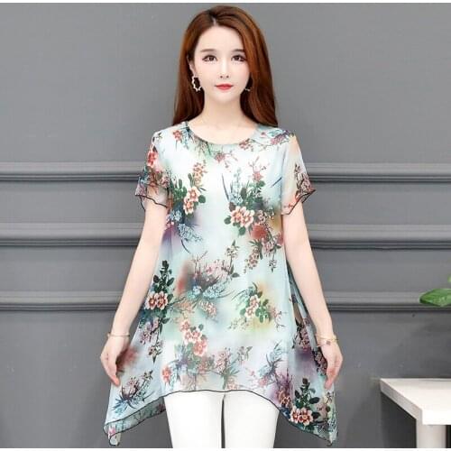 Printed Chiffon Summer 2021 New short-sleeved Plus-size shirt Long Middle-aged Womens Loose O Neck elegant Blusas top 871B
