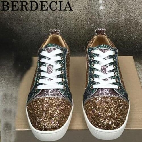 Bling Sequined Patchwork Breathable Berdecia Men Loafers Banque Shoes Lace-Up Flats Sole Running Walking Sneakers Big Size 38-47
