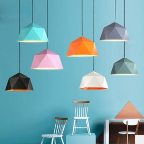 Nordic minimalist design macaron color polygon single pendant lamp modern restaurant pink decoration LED E27 bulb lighting