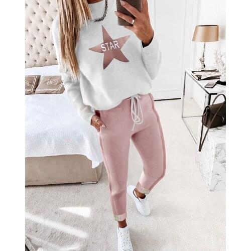Womens Fashion Tracksuits Sweat Suits Cute Star Print Long Sleeve Top Classic Loungewear Sweatpants Sportswear Female Set 2 Pcs