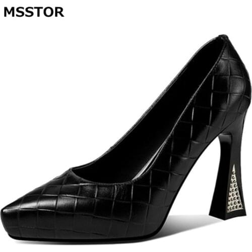 Shallow High Heels Pumps Solid Platform Autumn Spring Pointed Toe Elegant Party Concise Black Shoes For Women Thick Checkered